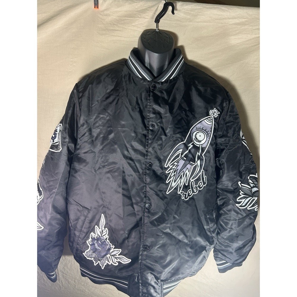 Rebel Minds Fly High Bomber Jacket Mens XL Black Satin Varsity Streetwear